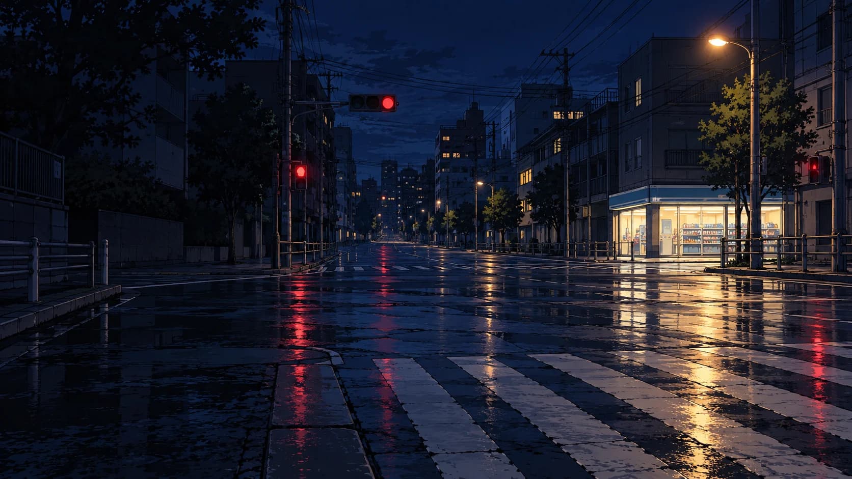A rain-wet crosswalk after midnight: red signals, empty road, one convenience store still lit.